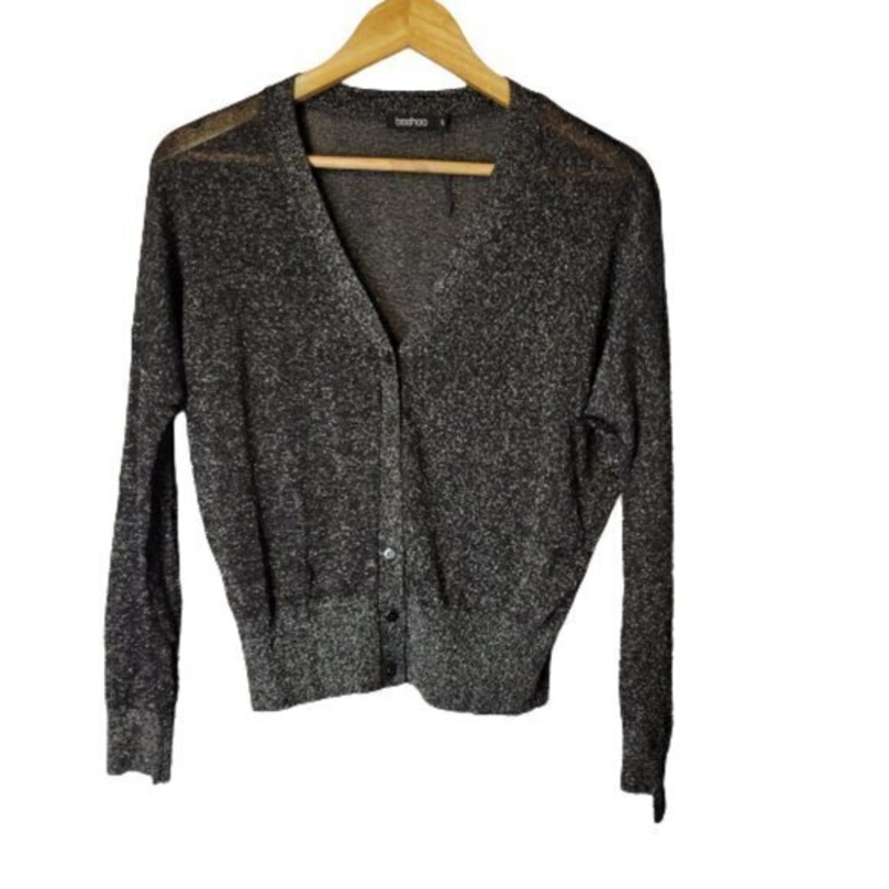 NWOT Boohoo Black and Silver Sheer Lurex Sparkly Cardigan Size Small